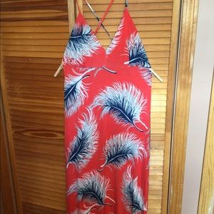 Red/white/blue feather print halter maxi dress.